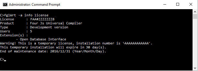 Screenshot of command to display license information using the fglWrt -a info licensecommand.